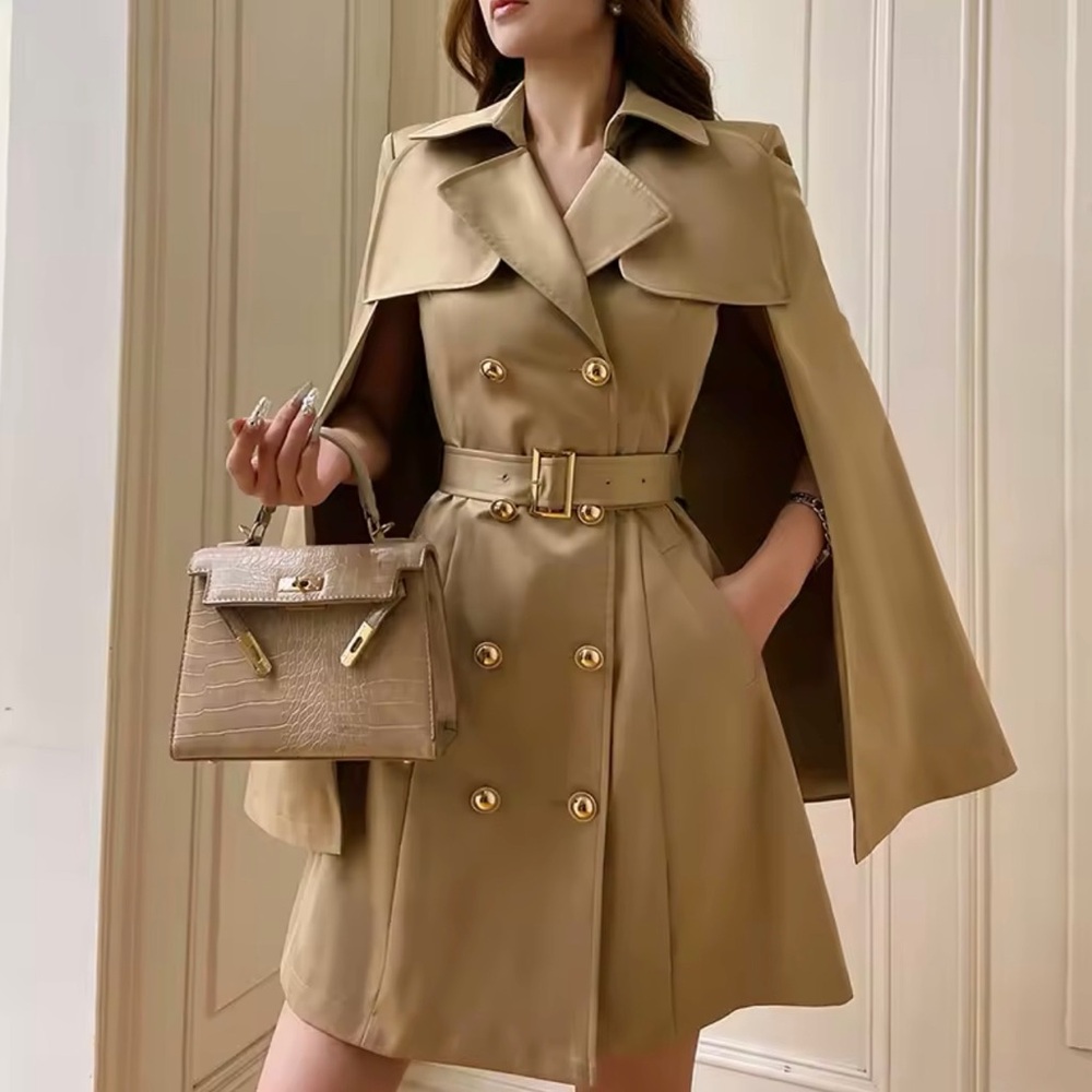 Khaki Cape Trench Dress with Gold Buttons